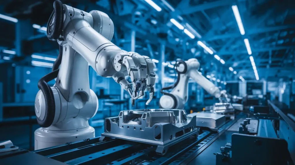 Industrijski robot na avtomatizirani proizvodni liniji, ki natančno sestavlja mehanski del. Modra osvetlitev poudarja visokotehnološko okolje in digitalizacijo v industriji