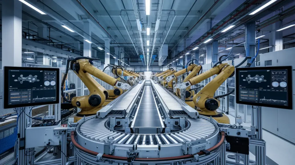 Pametna tovarna z avtomatizirano proizvodno linijo, kjer robotske roke delujejo ob tekočem traku. Digitalni zasloni prikazujejo podatke o proizvodnem procesu v realnem času