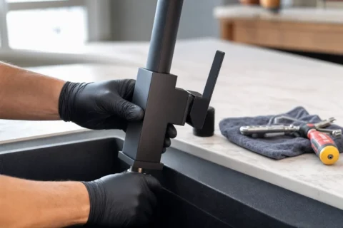 Namestitev moderne mat črne kuhinjske armature na temno granitno korito
